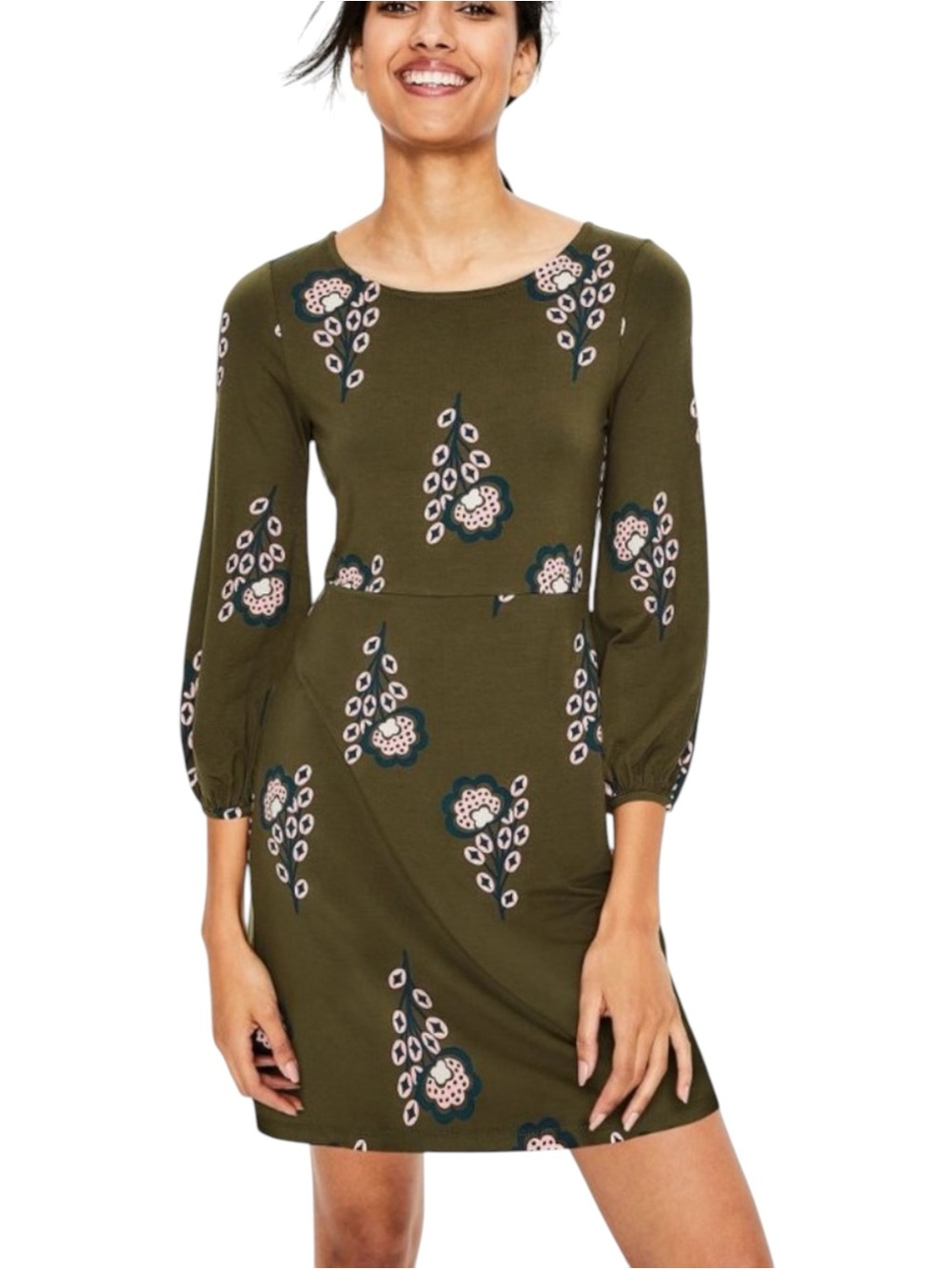 BODEN Lucie Jersey Tunic Dress 10P Green Floral Long Sleeve Stretch Midi - Picture 1 of 9